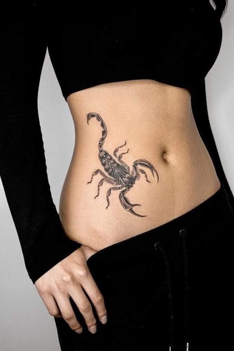 Scorpio Tattoo Stomach, Scorpio Stomach Tattoo, Hip Tattoos Women Scorpion, Scorpio Tattoo On Stomach, Women Scorpio Tattoo, Scorpion Tattoo Thigh, Scorpio Hip Tattoo, Cute Scorpio Tattoo For Women, Scorpio Tattoos For Women