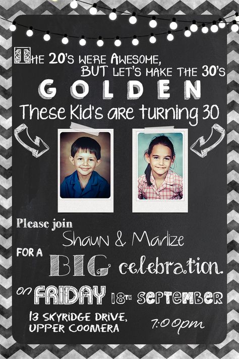 30th Birthday invitation idea for a couple having their birthday together. Twins 50th Birthday Ideas, Twins 30th Birthday Ideas, 40th Birthday Ideas For Couples, Couples 30th Birthday Party, 30th Birthday Invitation Ideas, 30th Birthday Ideas For Twins, Couple Birthday Party Ideas, 30th Birthday Ideas For Couples, Couples Birthday Party Ideas