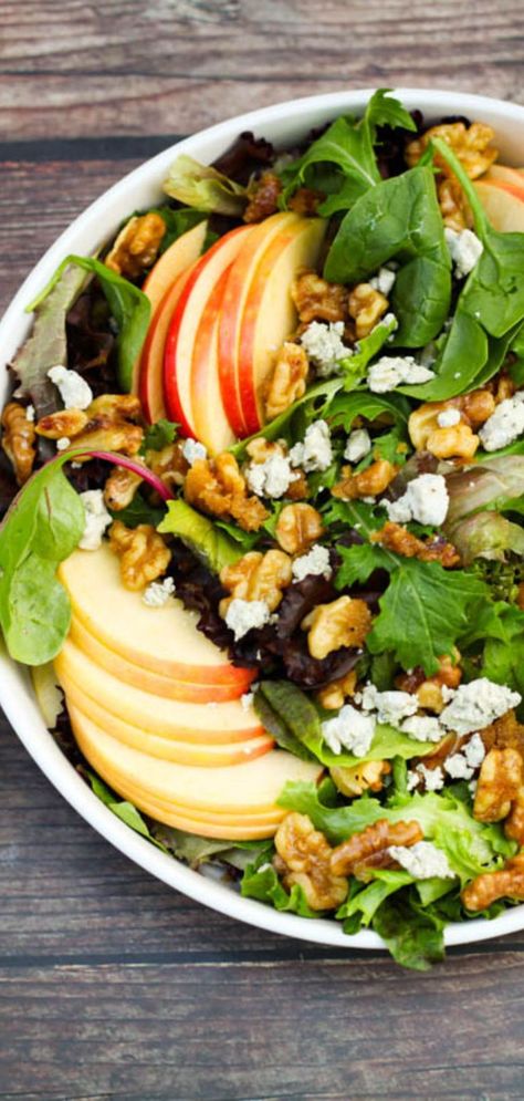 This harvest salad with apple cider vinaigrette and spiced candied walnuts is the perfect autumn salad. #fallrecipes #salad #honeycrisp #dinnerideas #easydinners #apples #autumnmeals #fallcooking Salad With Apple Cider Vinaigrette, Candied Walnut Recipe, Apple Cider Vinaigrette, Apple Walnut Salad, Cider Vinaigrette, Harvest Salad, Walnut Recipes, Hearty Salads, Fall Cooking