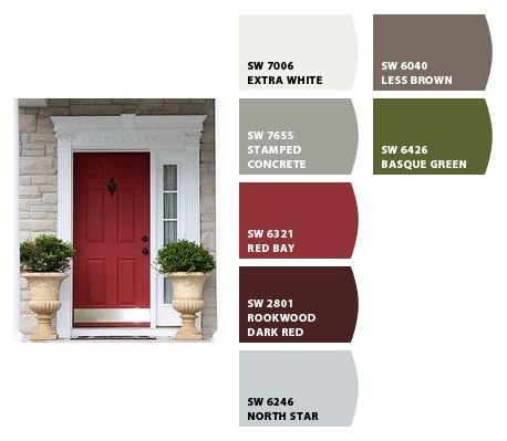 Sherwin Williams Red Bay, Sherwin Williams Red Front Door, Brown Shutters, Barn Colors, Yellow House Exterior, Pretty Porches, Red Roof House, Exterior Paint Schemes, Red Bay