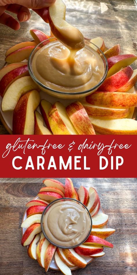 This dairy-free caramel dip is rich, sweet, and yummy. It’s quick to make and a crowd-pleaser. Serve it with apple slices for a delicious party treat. Dairy Free Caramel Apple Dip, Gluten Free Apple Dip, Dairy And Gluten Free Dips, Dairy Free Apple Dip, Dairy Free Dips For Parties, Caramel Dip For Apples, Gluten Free Dairy Free Appetizers, Cream Cheese Apple Dip, Gluten Free Caramel Apples