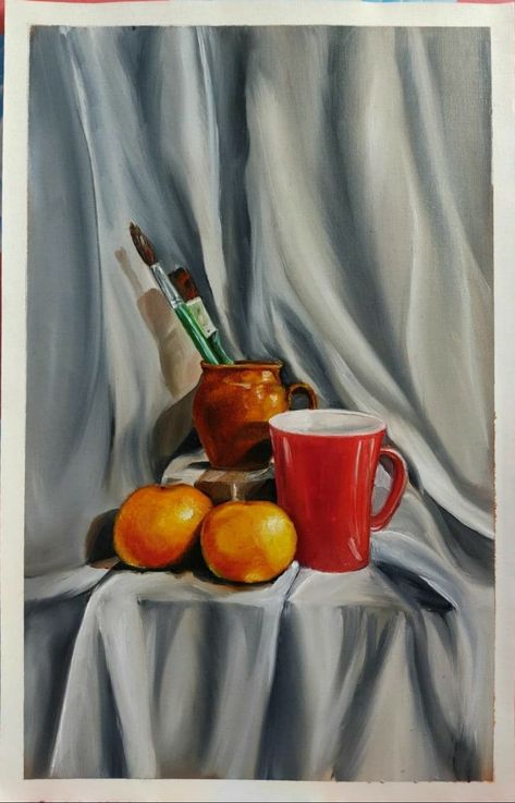 Still life in Beautiful drapery with orange,cup and brushes Still Life Drawing With Drapery, Drapery Painting Still Life, Still Life With Fabric, Still Life With Oranges, Still Life Drawing Acrylic, Painted Still Life, Digital Painting Still Life, Still Life Drawing Watercolors, Still Life Perspective