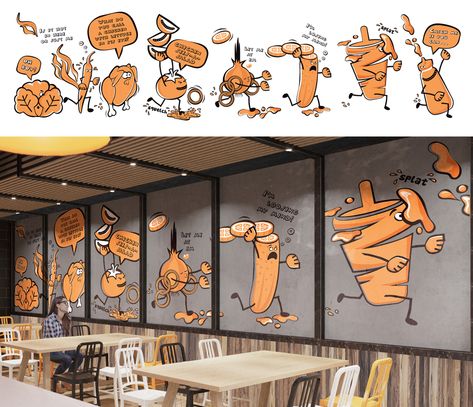 Shawarma Cafe Design, Shawarma Restaurant Interior Design, Quirky Restaurant Interiors, Shawarma Design Ideas, Shawarma Restaurant Design, Kebab Restaurant Design, Shawarma Design, Wall Graphics Restaurant, Shawarma Restaurant