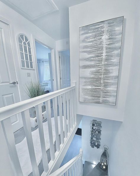 House Interior Grey And White, Silver Hallway Ideas, Grey And White Hallway Ideas, Landing Ideas Upstairs, Hall Stairs And Landing Decor, Grey And White Hallway, White Hallway Ideas, Grey Hallway Ideas, White House Rooms