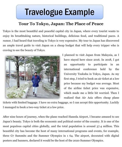 Travelogue Example for Students & Travelogue Sample Travelogue Ideas Layout, Travelogue Ideas, Tokyo Japan Travel, English Worksheet, About Japan, Japan Vacation, Student Travel, Bond Paper, Tokyo Travel