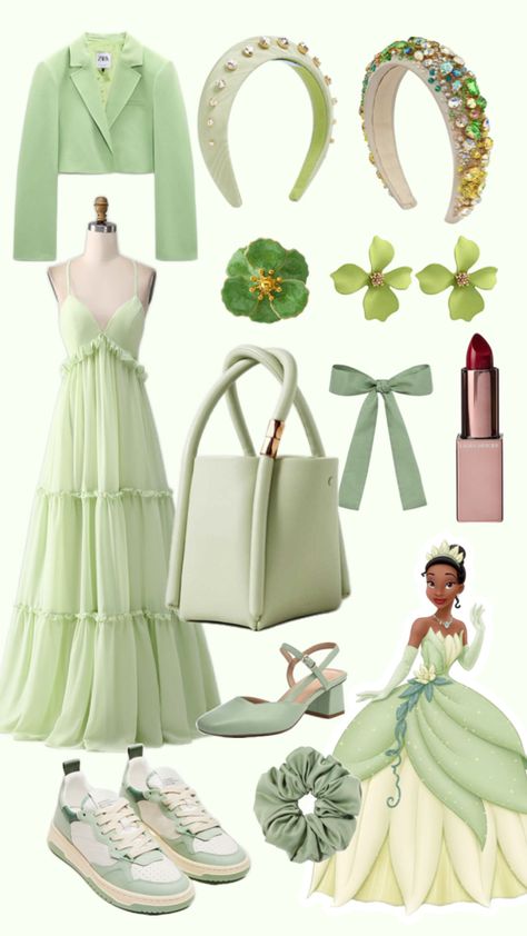 Disneybound look / Disney fashion / Disney princess / princesas Disney / princesses / fashion / green light / verde claro / moda / look verde claro Tiana Disney Outfit, Tiana Disneybound, Look Disney, Disneybound Outfits, Tiana Disney, Disney Princess Outfits, Disney Princess Fashion, Disney Bound Outfits, Princess Tiana