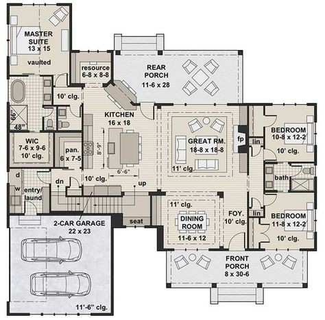 Spanish Colonial House Plans: Rich History in Design Bonus Room Office, Ceiling Room, Built In Lockers, One Story House, House Plan Modern, Creek House, What House, House Plans 3 Bedroom, House Plans One Story