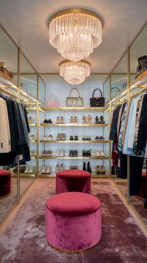 26+ Glam Luxe Inspirations for Stunning Interiors Chandelier In Closet Walk In, Gold Walk In Closet, Closet Goals Luxury, Closet Room Luxury, Lux Closet, Luxe Closet, Gold Apartment, Glam Decor Ideas, Shelves For Shoes