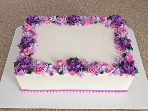 Birthday Cake For Women Rectangle, Purple Birthday Cake Rectangle, Flower Rectangle Cake, Flower Birthday Sheet Cake, Purple Sheet Cakes, Sheet Cake With Rosettes, Beautiful Sheet Cakes Birthday, Sheet Cake With Fresh Flowers, Flower Sheet Cake Ideas