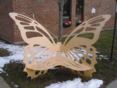 Butterfly Bench - Fraser Public Library - Fraser, MI. - Insect Sculptures on Waymarking.com Butterfly Bench, Butterfly Sculpture, Whimsical Butterfly, Small Accent Chairs, Garden Porch, Pink Chair, Urban Furniture, Cnc Projects, Street Furniture