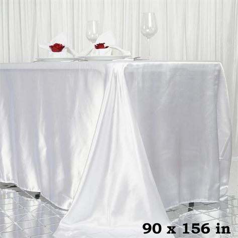 tablecloths Cheerleading Banquet, Satin Tablecloth, White Satin Fabric, Table Overlays, Chair Sashes, Tablecloth Sizes, Table Skirt, Rectangle Tablecloth, Banquet Tables