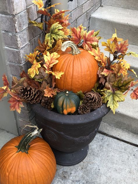 Fall Artificial Planters Front Porches, 2023 Decorations, Fall Flower Pots, Fall Pots, Pumpkin Floral Arrangements, Fall Yard Decor, Planter Decor, Fall Container Gardens, Moore House