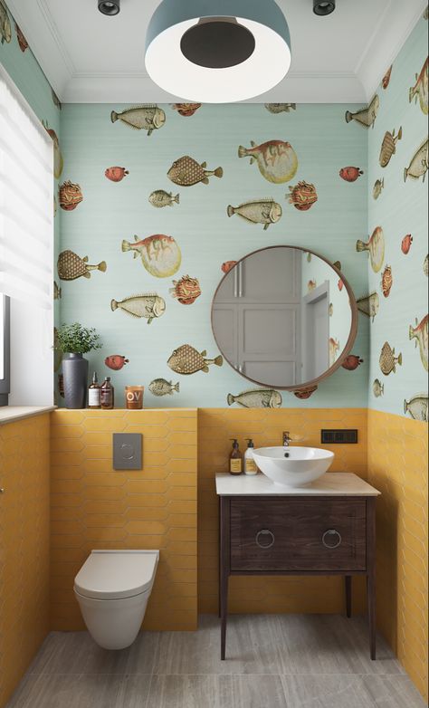 #colorful #design #yellow #tiles #small #space #ideas Yellow Cloakroom, Funky Downstairs Toilet Ideas, Small Funky Bathroom Ideas, Yellow Tile Bathroom Ideas, Small Colorful Bathroom, Eccentric Bathroom, Bathroom Ideas Colorful, Yellow Tile Bathroom, Bangalore House