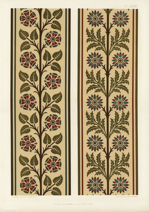 Free Public Domain | Floral pattern from The Practical Decorator and Ornamentist (1892) by G.A Audsley and M.A. Audsley. Digitally enhanced from our own original first edition of the publication. Medieval Pattern, Digital Pattern Design, Greek Pattern, Gothic Design, Digital Borders Design, Vintage Floral Pattern, Brick Patterns, Japanese Patterns, Floral Border