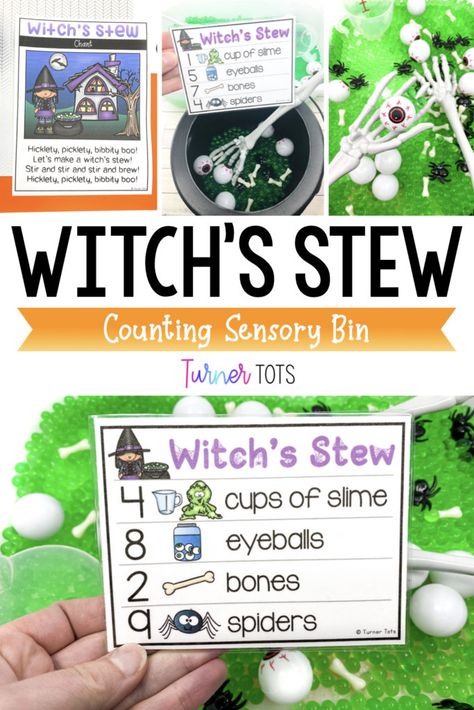 Halloween Center Ideas Preschool, Halloween Sensory Table Preschool, Eyeball Sensory Bin, Witch Theme Preschool Activities, Witches Cauldron Craft Preschool, Witches Brew Activity For Kids, Witches Brew Sensory Bin, Witch Activities For Toddlers, Witch Preschool Activities