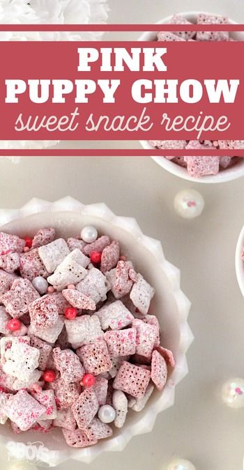 melted pink candy combines with crunchy chex cereal for a sweet snack that your guests are sure to love Pink Puppy Chow Recipe, Pink Puppy Chow, Pink Foods For Party, Color Party Pink, Puppy Chow Snack Mix Recipe, White Chocolate Chex Mix, Chex Mix Recipes Sweet, Chocolate Chex Mix, Sweet Chex Mix