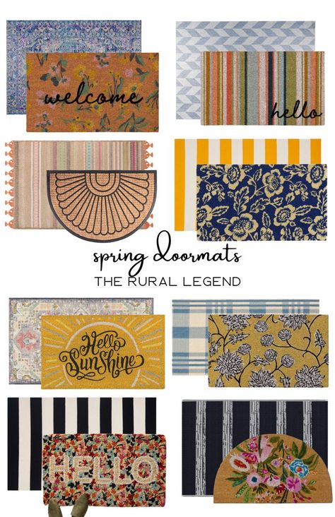 Door Mat And Rug Combos, Doormat Layering Ideas, Outside Door Mats Front Porches, Outdoor Rug Under Door Mat, White Front Door Decor, Layering Door Mats Ideas, Layering Door Mats, Door Mats Outdoor Front Porch, Spring Entryway Decor Front Doors