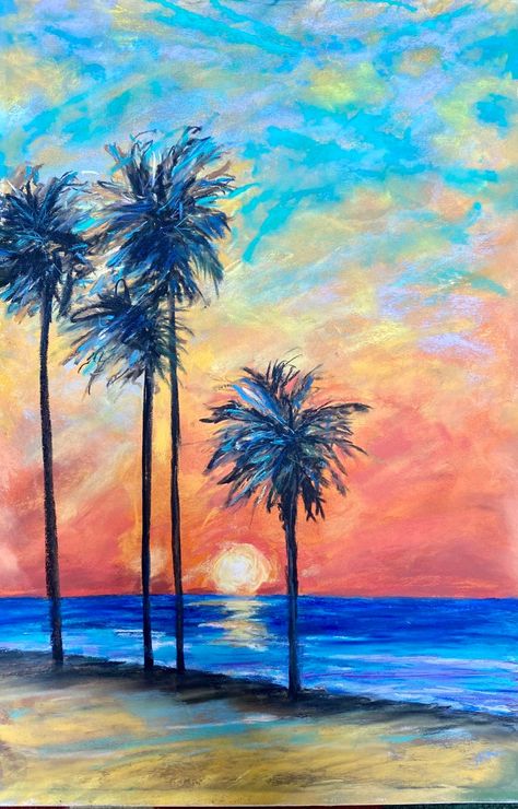 Paintings With Pastel Colors, Impressionism Art Sunset, Pastel Colors Painting Ideas, Impressionism Painting Ideas, Oil Pastel Beach Sunset, Florida Drawing Ideas, Landscapes Oil Pastels, Sunset Chalk Art, Impressionism Art Oil Pastel