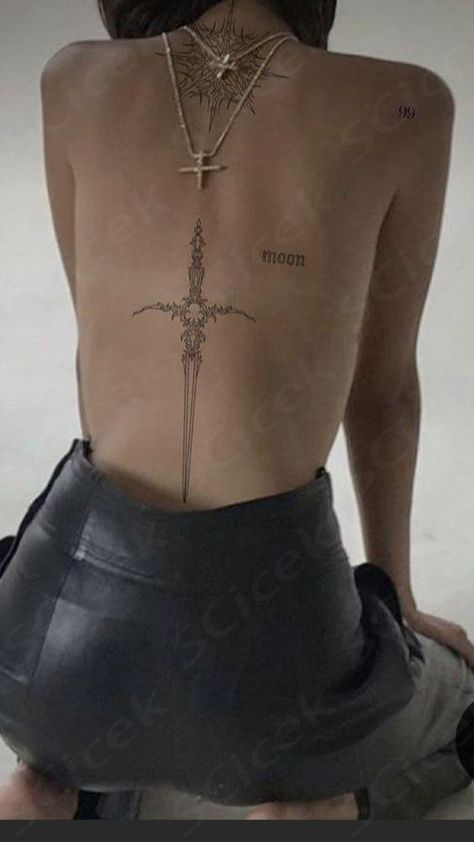 Dagger Back Tattoo Women, Back Tatooed Girl Aesthetic, Dagger Spine Tattoos For Women, Back Cross Tattoo Women, Grunge Back Tattoo, Cybersigilism Spine Tattoo, Spine Tatoos Woman, Gothic Spine Tattoo, Arrow Back Tattoo