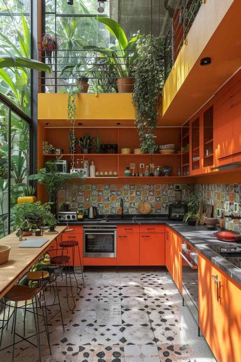 The design of this kitchen is a vibrant showcase of maximalism, featuring a diverse range of elements such as a stylish countertop, modern cabinetry, a sleek sink, a chic table with matching chairs, a touch of greenery from a houseplant, and elegantly tiled flooring. The harmonious blend of colors creates an energetic and welcoming indoor space that exudes personality and charm. #MaximalistStyle #VibrantDesign #ColorfulInteriors #InteriorInspiration Kitchen Maximalist, Maximalist Kitchen Design, Maximalist Kitchen, Maximalist Home, Yellow Kitchen, Interior Modern, Dream Apartment, Kitchen Inspo, Dream House Decor