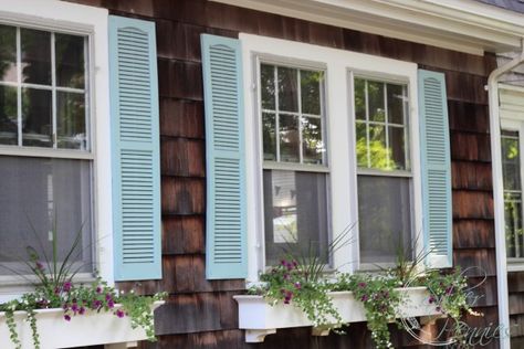 blue_shutters_cedar_shingles Blue House With Wood Shutters, Blue House Cedar Shutters, Blue House Cedar Shakes, White Cottage Blue Shutters, Blue Window Shutters, Hamptons Home Exterior, Brown Beach House, Beach House Paint Colors, Light Blue Houses