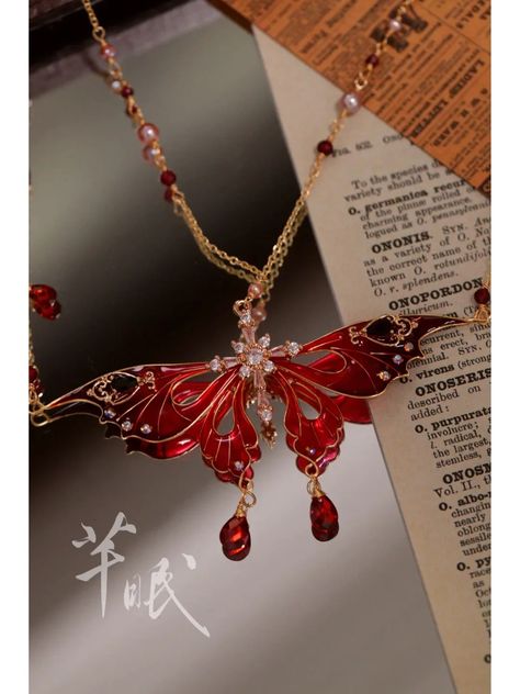 Bloody Butterfly Necklace | Jewelry | Three Fleas Red Butterfly Necklace, Butterfly Accessories Jewelry, Spider Lily Jewelry, Cute Handmade Jewelry, Fuchsia Jewelry, Necklace Reference, Butterfly Things, Dramatic Jewelry, Fantasy Accessories