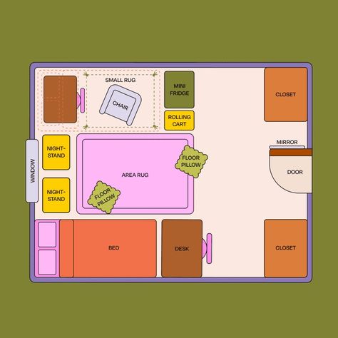 4 Dorm Room Layout Ideas for Roommates in Doubles | Dorm Therapy Dorm Suite Layout, College Dorm Room Layout, Dorm Room Layout Ideas, Room Layout Ideas, Dorm Room Layouts, Closet Desk, Roommate Wanted, Space Words, Dream Dorm