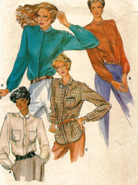 This classic and loose woman's shirt or blouse pattern is Butterick 6761 in Misses size 10 and comes in long sleeves with cuffs, different collars and a buttoned front. Don't miss this comfortable blouse - a great example of 1970s clothing. This loose-fitting blouse with or without a patch pocket has a front buttoned band closing and  shirttail hemline. The back is pleated into a forward self-lined shoulder yoke and it has full length sleeves pleated into button cuffs with a continuous lap openi Different Collars, Shirt Blouse Pattern, Face Illustrations, Sleeves With Cuffs, 1970s Clothing, Comfortable Blouses, Sewing Blouses, Make Your Own Clothes, Vintage Dress Patterns