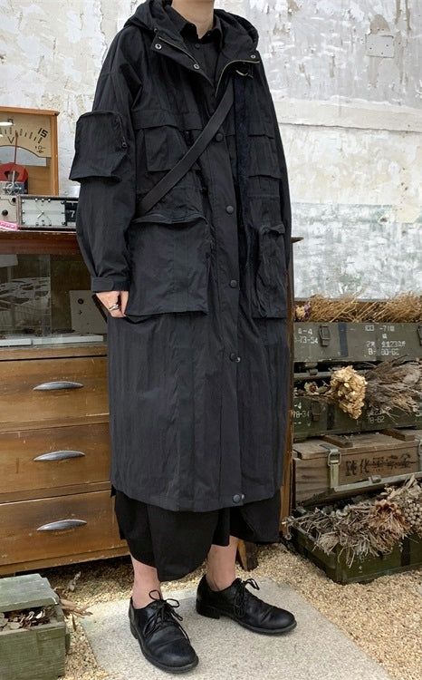 Homemade Yoji Yamamoto Dark Long Windbreaker Jacket / Over the Knee Ho – Ofelya Boutique Big Jacket Outfits, Yohji Yamamoto Street Style, Big Pant, Babylon Berlin, Yoji Yamamoto, Windbreaker Outfit, Jacket Drawing, Gorp Core, Gender Fluid Fashion