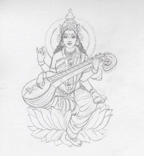 Saraswati - sketch by CoconutPocky on DeviantArt Sarasvati Ma Drawing, Saraswati Pencil Sketch, Saraswati Drawing Art, Ma Saraswati Drawing, Maa Saraswati Drawing Sketch, Vishnu Drawing Easy, Saraswati Goddess Drawing, Saraswati Puja Drawing, Vishnu Sketch