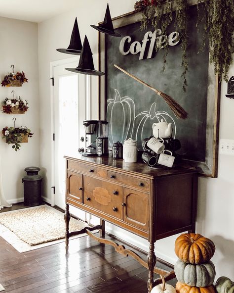 A little magic happening over at my vintage coffee bar! Floating hats and floating brooms along with some fairytale pumpkins. Chalkboard art Halloween coffee bar farmhouse style Haunted Farmhouse, Porta Halloween, Halloween Decorating Ideas, Dekorasi Halloween, Halloween Decor Diy, Casa Halloween, Halloween Front Porch Decor, Farmhouse Halloween, Halloween Front Porch