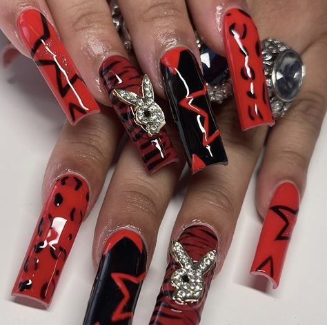 @nailsbyalyk on ig Short Animal Print Nails, Y2k Acrylics, Nail Design Y2k, Y2k Nails Red, Play Boy Nails, Red Y2k Nails, Nails Acrylic Y2k, Y2k Nail Ideas, Paznokcie Hello Kitty