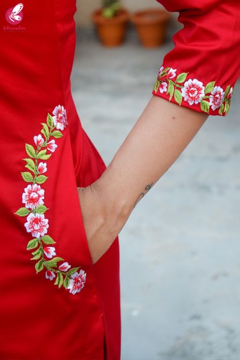 Buy Red Cotton Silk Embroidered Kurti Set by Colorauction - Online shopping for Kurti Sets in India Sulaman Pita, Hand Painted Dress, Fabric Painting On Clothes, Hand Embroidery Dress, Fabric Paint Designs, Embroidery On Kurtis, Kurti Embroidery Design, Hand Painted Fabric, Pola Sulam