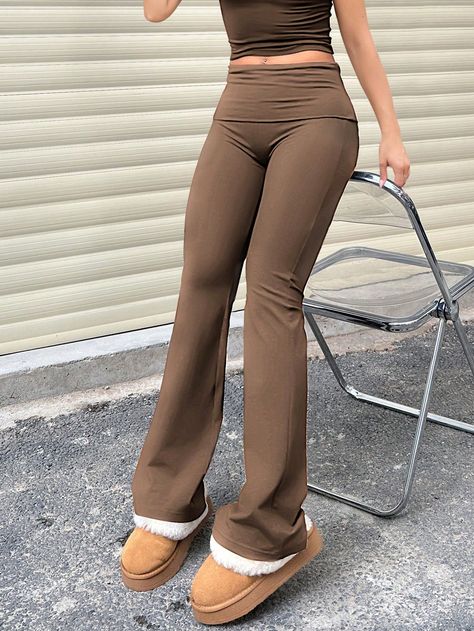 Solid Color Wide Waist Flared Bottom LeggingsI discovered amazing products on SHEIN.com, come check them out! Brown Flared Leggings, Brown Flares, Brown Leggings, Flared Leggings, Women Leggings, Wide Waist, Mocha Brown, Plus Size Leggings, Leggings Casual