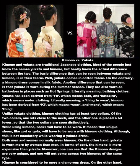 1. Yukata es de algodón y el kimono es de seda.  2. A diferencia del yuakata, el kimono tiene al menos dos cuellos. 3. Zapatos como los zori o geta se llevan con kimono, pero no es obligatorio con un yukata. 4. El Yukata es usado durante el verano. También se usan como albornoces en lugares como los baños termales. 5. Tanto los hombres como las mujeres pueden llevar kimono. Por otro lado, el yukata se usa más por las mujeres que los hombres. 6. El kimono es más caro que el yukata. Yukata Kimono, Japanese Outfits, Drawing Tips, 2 A, Cotton Fabric, Two By Two, Japan