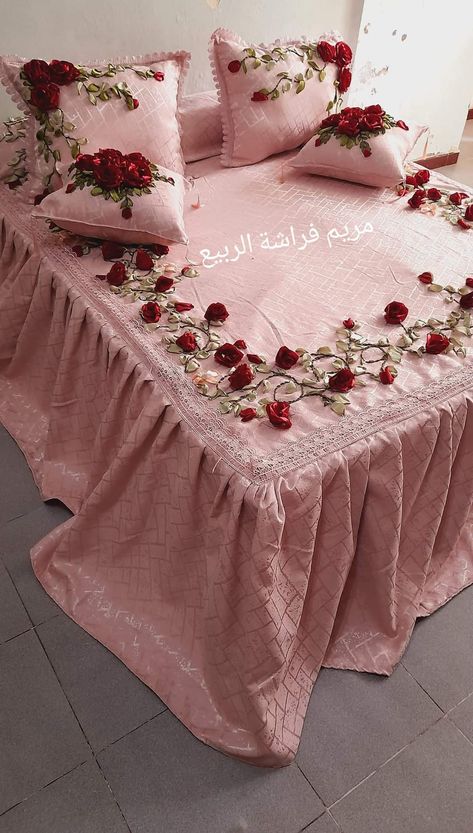 Ribbon Embroidery Bedsheets Design, Embroidery Bedsheets Design, Embroidered Bedsheets, Hijab Princess, Handmade Bed Sheets, Bedsheet Design, Crochet Bed, Luxury Bedspreads, Bed Cover Design