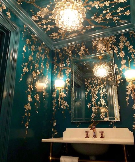 Blue Gold Bathroom, Bathroom Flowers, Powder Room Design, Emerald Blue, Gold Bathroom, Jewel Box, Dream House Decor, Beautiful Bathrooms, Dream Home Design