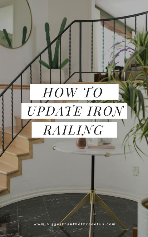 Learn how to modernize your stair handrail with this stair railing idea! Transform your old wrought iron handrails to a cleaner, modern handrail by grinding off the scrolls! Learn how with this interior handrail tutorial! #ironhandrail #handrailidea #staircaseidea #diystairhandrail Iron Stair Spindles, Metal Handrails For Stairs, Painted Stair Railings, Modern Handrail, Interior Handrails, Indoor Stair Railing, Iron Staircase Railing, Stair Railing Makeover, Diy Staircase Makeover