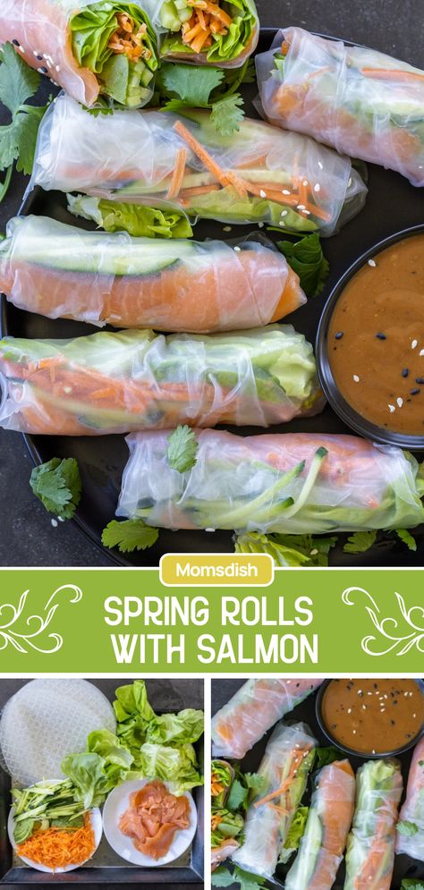 Salmon Spring Rolls, Fresh Spring Rolls Recipe, Healthy Spring Rolls, Summer Rolls Recipe, Rice Paper Recipes, Rice Paper Wraps, Salmon Wrap, Vietnamese Spring Rolls, Chicken Spring Rolls