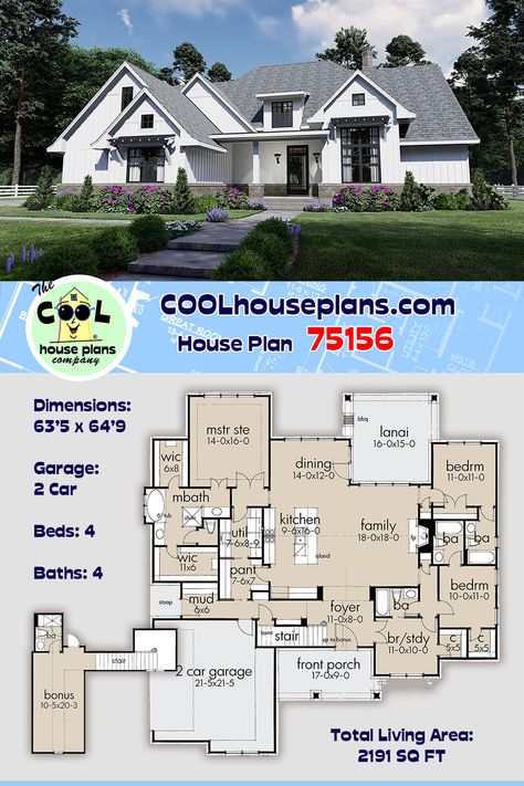 Modern farmhouse plan with open floor plan and split bedroom layout. The one floor country style home design has almost 2200 sq ft of heated living space and an additional bonus room adds 290 square feet of future expansion space.  The plan offers a two car side load garage with entry to a mudroom, covered front porch with foyer entry, a covered lanai with access from the dining area or the family room.  The farmhouse style is the best selling style currently. #farmhouse #houseplans 2200 Sq Ft House Plans 4 Bedroom, Cottage With 4 Bedrooms, 4 Bed Rooms House Plan Cottage, 4 Bedroom House Plans With Game Room, Ranch Style House Plans 4 Bedroom Country Farmhouse, 2200 Sq Ft House Plans Open Floor, 2200 Sq Ft House Plans, Farm House Plans One Story Open Floor 4 Bedroom, Unique House Plans