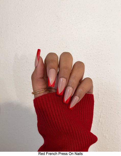 Red French Press On Nails Red Nails With Red Dress, Red French Tip Coffin Nails, Classic French Tip Nails, Medium Square Nails, Party Manicure, Classic French Tip, French Press On Nails, Red French, Square Nail Designs