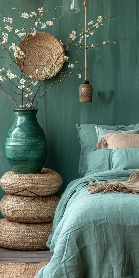 Bedroom Turquoise, Boho Style Bedroom, Cozy Boho, Gorgeous Bedrooms, Bedroom Color, Bedroom Green, Blue Bedroom, Home Room Design, Beautiful Bedrooms