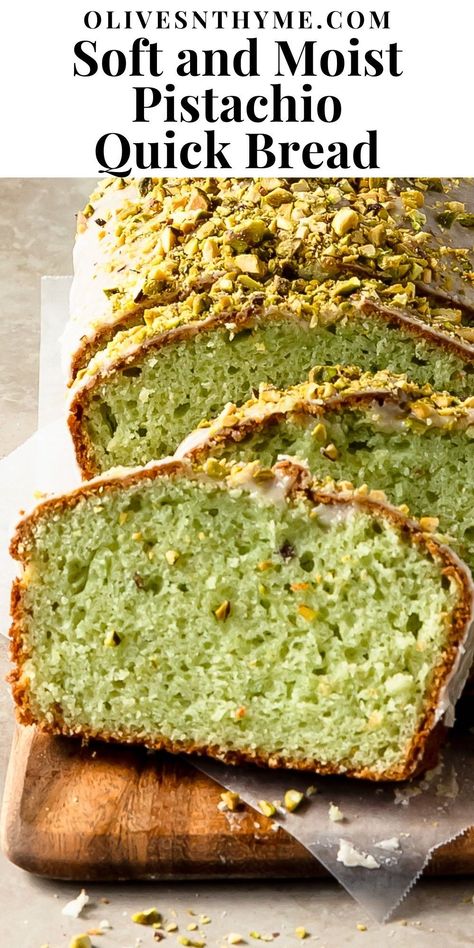 Pistachio bread is sweet, soft and moist pistachio quick bread made with pistachio pudding mix. Top this easy to make pistachio loaf with a nutty almond and vanilla glaze and real pistachios for a delightfully festive, sweet and salty treat. Zucchini Pistachio Bread, Pistachio Bread Pudding, Pistachio Quick Bread, Pistachio Pudding Bread, Pistachio Bread Recipe, Pistachio Loaf Cake, Pistachio Loaf, Monkey Breads, Pistachio Bread