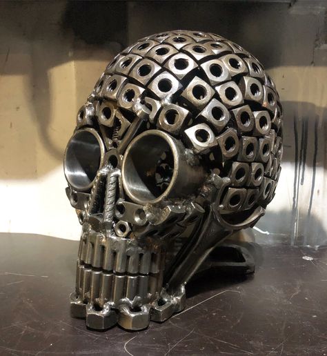 Skull sculpture by Andrew Tyler Metal Skull Art, Reclaimed Art, Sheet Metal Art, Welded Metal Projects, Recycled Metal Art, Metal Bending Tools, Metal Skull, 3d Cnc, Welding Art Projects