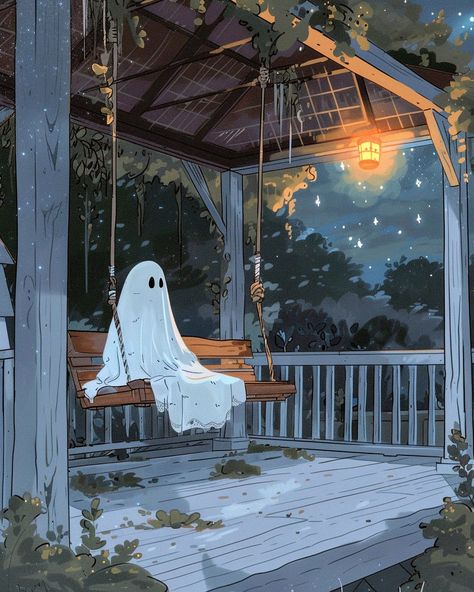 Front Porch Art, Dreamy Fall Aesthetic, Sheet Ghost Wallpaper, Peaceful Decorating Ideas, Cozy Spooky Aesthetic, Cozy Artwork, Aesthetic Haunted House, Porch Art, Halloween Spirit