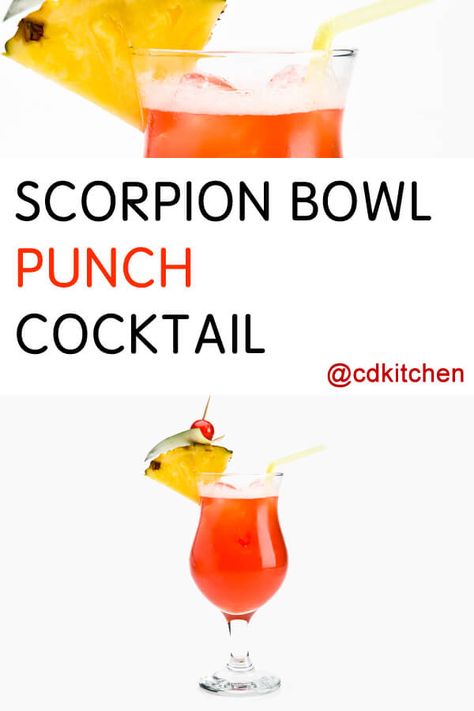 This is a serious party punch made with three kinds of rum, gin AND vodka. Oh, and a couple of fruit juices thrown in for good measure. | CDKitchen.com Scorpion Bowl Recipe, Cranberry Detox, Cocktail Juice, Punch Cocktails, Party Punch Recipes, Party Punch, Punch Recipes, Pineapple Juice, Alcohol Drink Recipes