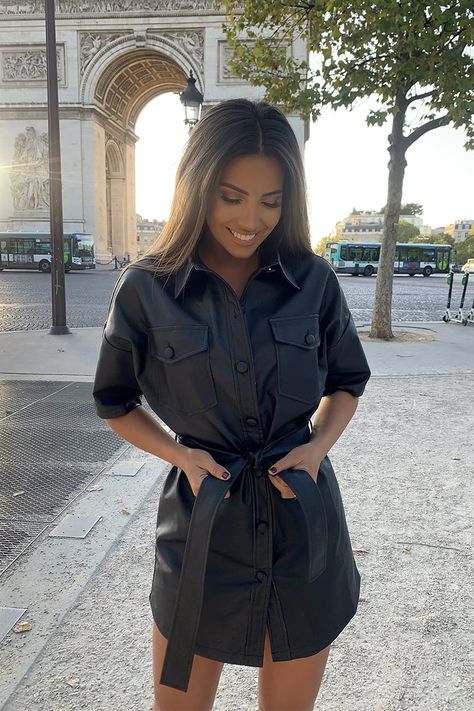 Short Sleeve Leather Dress, Leather Dress Aesthetic, Leather Shirt Dress Outfit, Utility Dress Outfits, Faux Leather Dress Outfit, Leather Dress Outfit Night, Black Leather Dress Outfit, Short Leather Dress, Leather Trousers Outfit