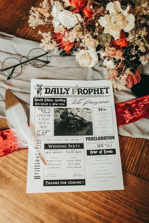 Daily Prophet Wedding Program, Harry Potter Wedding Program, Hidden Harry Potter Wedding Ideas, Wedding Invitation Harry Potter, Simple Harry Potter Wedding, Subtle Harry Potter Wedding Decor, Harry Potter Beach Wedding, Subtle Harry Potter Wedding, Boda Harry Potter