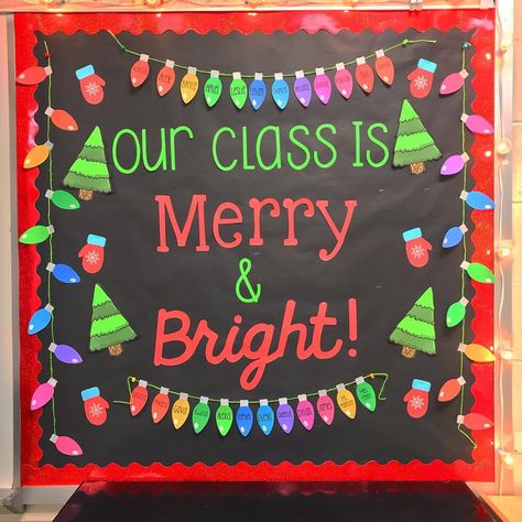 Merry And Bright Bulletin Board Ideas, Merry Christmas Boards Decorating Ideas, December Bulletin Boards For Daycare, Christmas Lights Bulletin Board Ideas, Merry And Bright Classroom Door, Christmas Lights Bulletin Board, Merry And Bright Bulletin Board, Christmas Tree Bulletin Board Ideas, Christmas Preschool Bulletin Boards