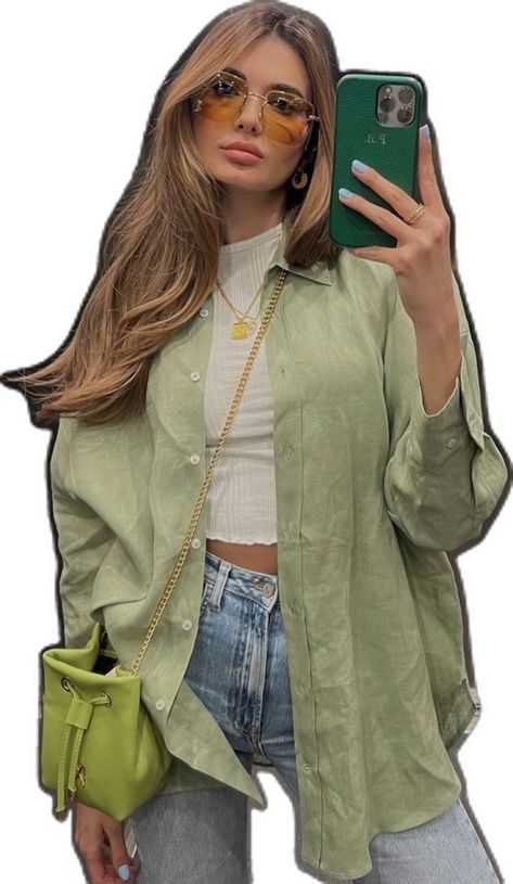 Linen Green Shirt Outfit, Old Money Summer Outfits Modest, Colored Button Up Shirt Outfit, Light Green Button Up Outfit, August Outfits 2024, Green Aesthetic Outfit Girl, Green Linen Shirt Outfit Women, Outfit With Green Shirt, Cute Green Outfits Aesthetic